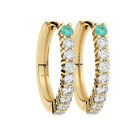 Natural 0.40ct Claw Set Round Cut Diamond & Emerald Hoop Earring 18K Yellow Gold