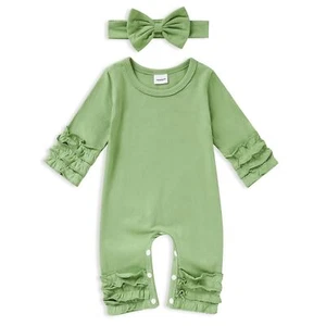 Newborn Baby Girls Ruffle Romper Solid Long Sleeve Jumpsuit One-Piece Coming ... - Picture 1 of 7