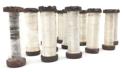 Antique Wood Wooden Spools, LOT of 18, WITH Silk Thread, Sewing Textile Mill - Image 1 of 4