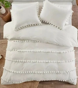 Elly White Pom Pom Cotton 3 Piece Duvet Cover Set King NEW MadisonPark MP12-6215 - Picture 1 of 6