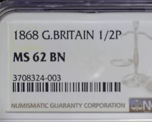 GRAN BRITÁNICA 1868 MEDIO CENTAVO NGC COMO NUEVO 62 BN (FECHA TEMPRANA ESCASA) - Imagen 1 de 3