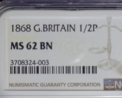 GREAT BRITAIN 1868 HALF PENNY NGC MS 62 BN (SCARCE EARLY DATE) - Image 1 of 3