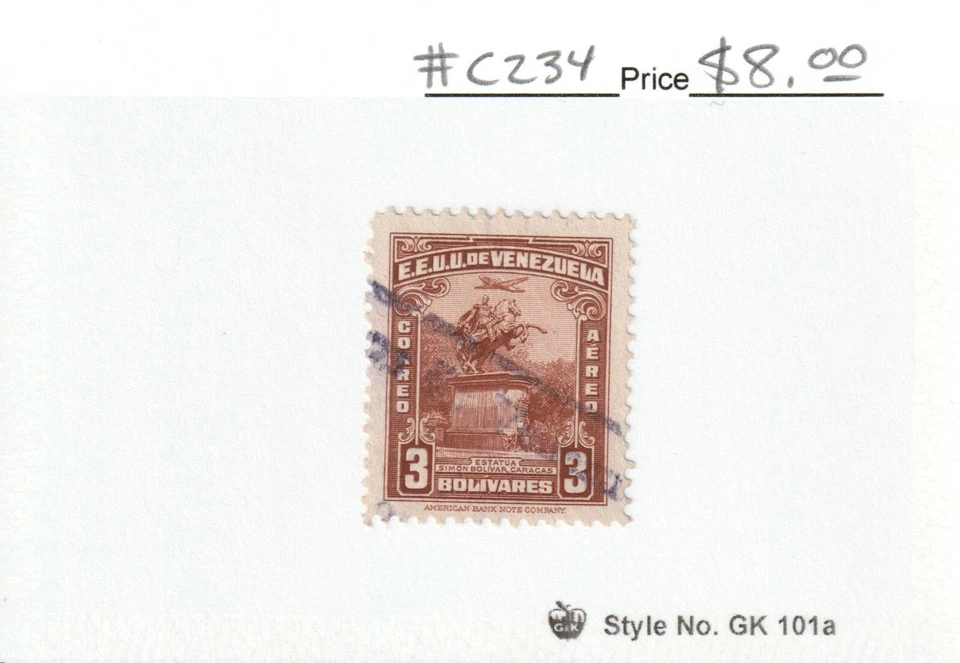 Venezuela #C234 3b Rojo Marrón "Estatua de Simón Bolívar, Caracas" Usado 1940 Foto 1 de 1