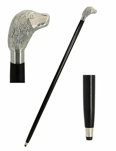 BRASS SILVER DOG HEAD HANDLE ANTIQUE STYLE VICTORIAN WOODEN WALKING STICK CANE - Picture 1 of 6