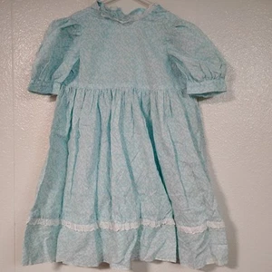 Abito bambina vintage fatto a mano taglia 5/6 blu floreale corto maniche a sbuffo a fascia   - Foto 1 di 9