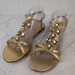 KATE SPADE Gold Metallic Stacey Flat Sandals Rhinestone Strappy Size 8.5 M - Picture 1 of 15