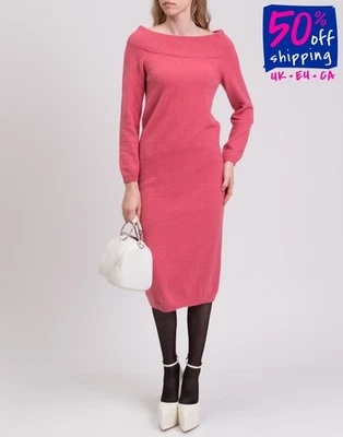 PVP €240 SEMICOUTURE Vestido Jersey Midi Rosa Talla S Mezcla de Lana Angora Cuello Bardot - Imagen 1 de 4