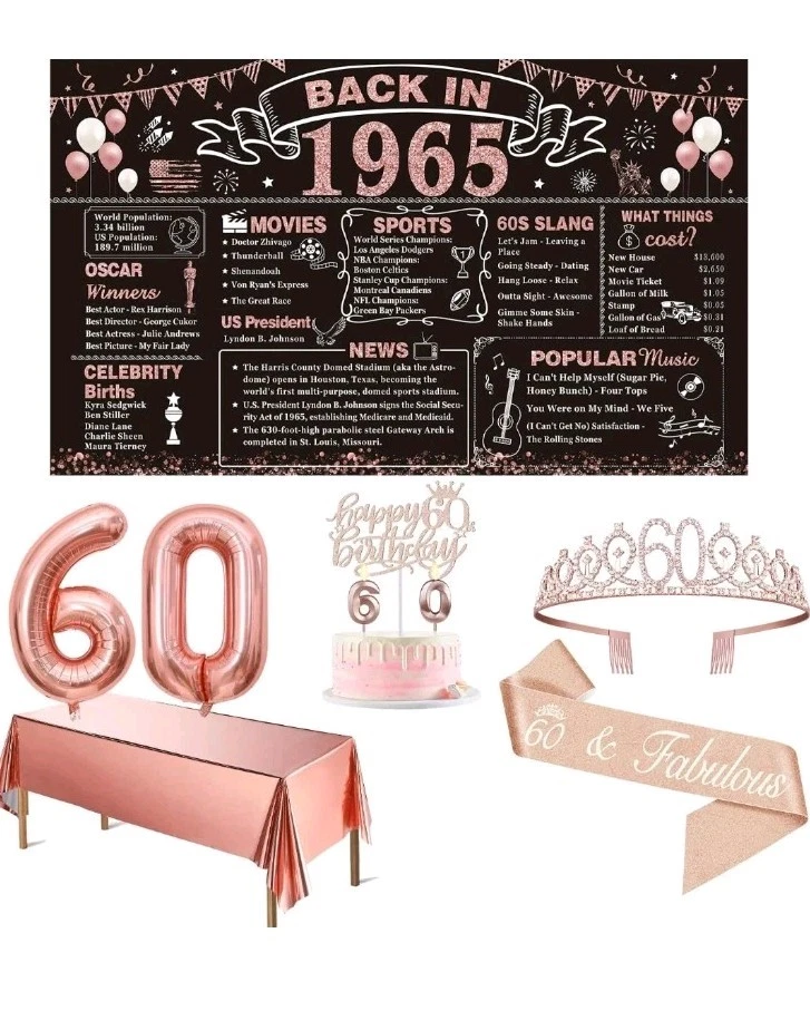 60th Birthday Decorations for Woman with Banner, Rose Gold Tablecloth, Number... - Image 1 of 4