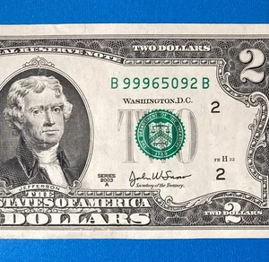 B 99965092 B : HIGH NUMBER $2 Two Dollar Bill Fancy Serial Number - Picture 1 of 3