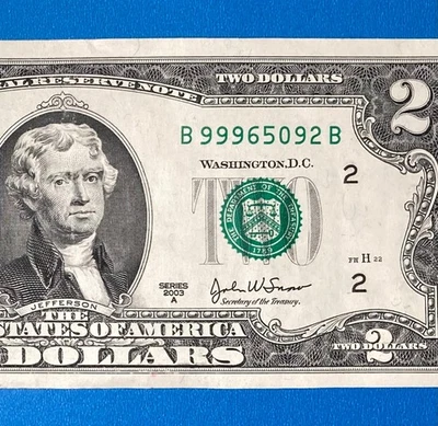 B 99965092 B : HIGH NUMBER $2 Two Dollar Bill Fancy Serial Number - Image 1 of 3