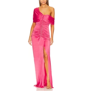YAURA Coral Pink Maxi Dress Ruched XS One Shoulder Slinky Gown Off Shoulder NEW - Picture 1 of 9