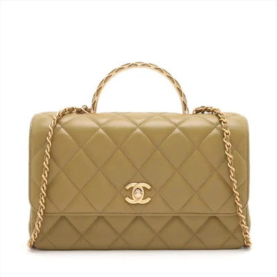 Chanel Matelasse Lambskin 2 Way Shoulder Bag Top Handle Khaki Gold Metal Fitting - Image 1 of 4