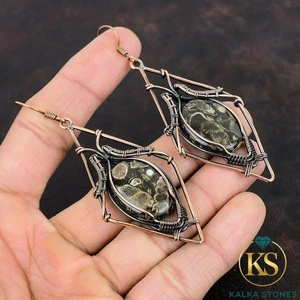 Nuevos pendientes de cobre ovalados naturales turritella ágata envueltos en alambre esposa - Imagen 1 de 6