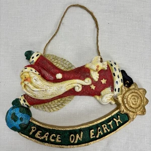 Christmas Santa ‘Peace On Earth’ Paper Mache Hanging Sign Holiday Decor - Picture 1 of 9