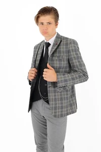 Boys Plaid Check Slim Fit Grey Suit 3 Piece Set Pageboy Birthday Wedding Dinner - Picture 1 of 9