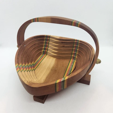 Deep Spring Studio Collapsible Heart-Shaped Handled Wooden Basket Rainbow Stripe Cover