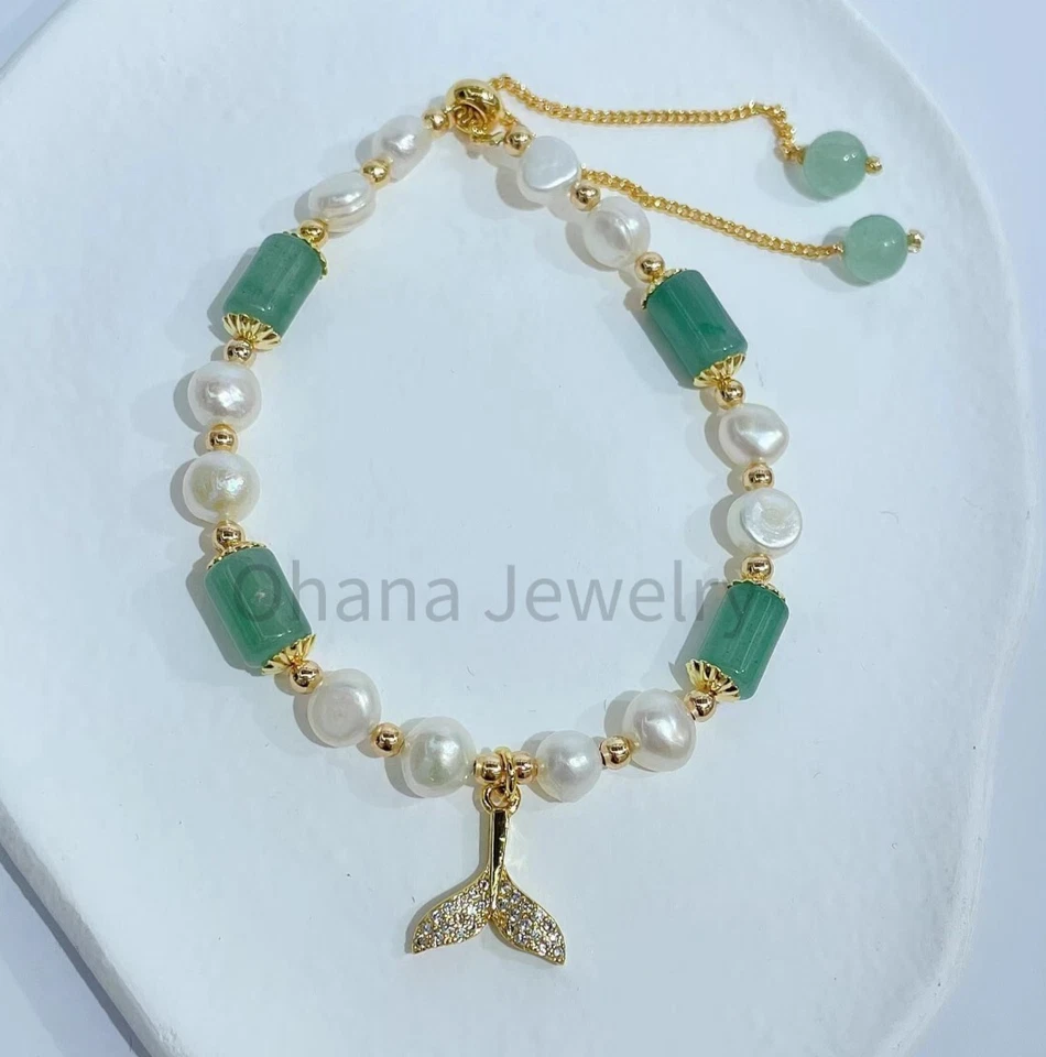 Brazalete de cobre ajustable con perlas de agua dulce de jade verde natural - cola de ballena circonita cúbica Foto 1 de 1