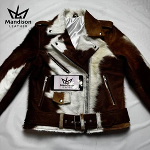 Echt Rindsleder Lederjacke braun weiß Haare auf Fell Western & Cowboy Style - Bild 1 von 8