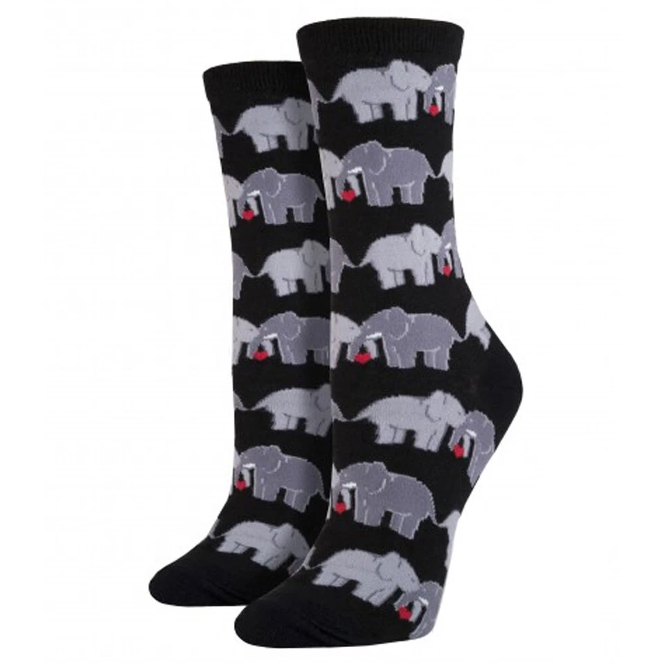 Socksmith Women's Crew Socks Elephant Love Valentine Black Novelty Footwear - Image 1 of 1