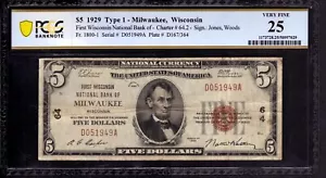 1929 $5 FIRST WISCONSIN NATIONAL BANK NOTE CURRENCY MILWAUKEE PCGS B VF 25 - Picture 1 of 2