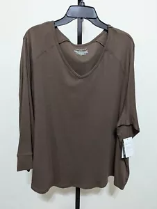 Westbound Women's V-Neck Pullover 3/4 Sleeve Stretch Top Curved Hemline Brown 3X - Picture 1 of 6