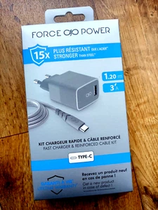 Kit Force Power Chargeur Secteur Rapide 3A + Cable USB-C vers USB Renforcé - Photo 1 sur 9