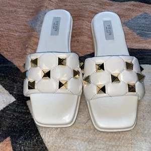 Steven NY Yuri White With Gold Studded Quilted Slides Sandals Faux Leather 8.5 - Picture 1 of 5