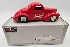 SpecCast 1941 Willys Coupe Street Rod Red Die Cast Metal Bank NIB Budweiser - Picture 1 of 9