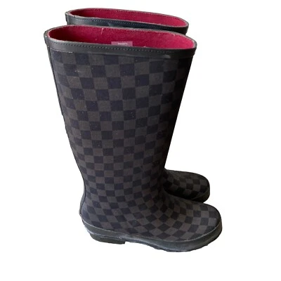 L.L. Bean Wellies женщин размер 6 средний высокий дождя ботинки черный и коричневый клетчатый - Изображение 1 из 4