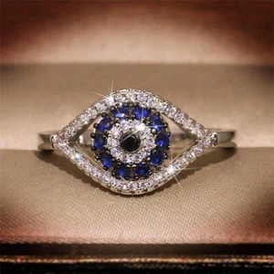 1/2Ct Blue Sapphire & White Round Cut Women Evil Eye Ring 925 Sterling Silver - Picture 1 of 5