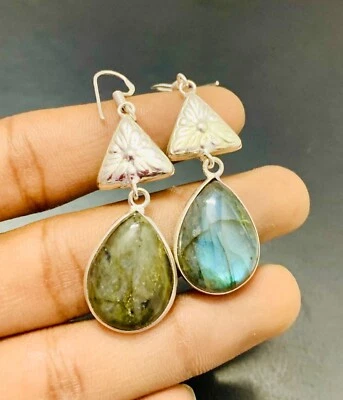 Labradorite Gemstone 925 Sterling Silver Handmade Earring Jewelry Gift For Love - Image 1 of 2