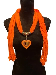 Scarf Heart Pendant Necklace Orange Tassels Beads & Crystals adjustable Beads - Picture 1 of 6
