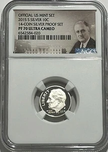 2015 S NGC PF70 ULTRA CAMEO ARGENTO A PROVA DI ROOSEVELT DIME 10C ETICHETTA RITRATTO - Foto 1 di 3
