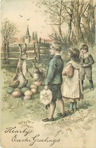 AUGURI DI PASQUA CUORE - BAMBINI E CONIGLI E UOVA D'ORO - PFB 5112 - CARTOLINA - Foto 1 di 2