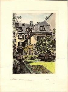 Vintage handkolorierte Radierung Beethovenhaus ungerahmt geknickt - Bild 1 von 7
