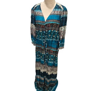 Grace Karin Aqua Maxi Dress Size XL Ikat Patterned Long Sleeve Boho Rayon New - Picture 1 of 15