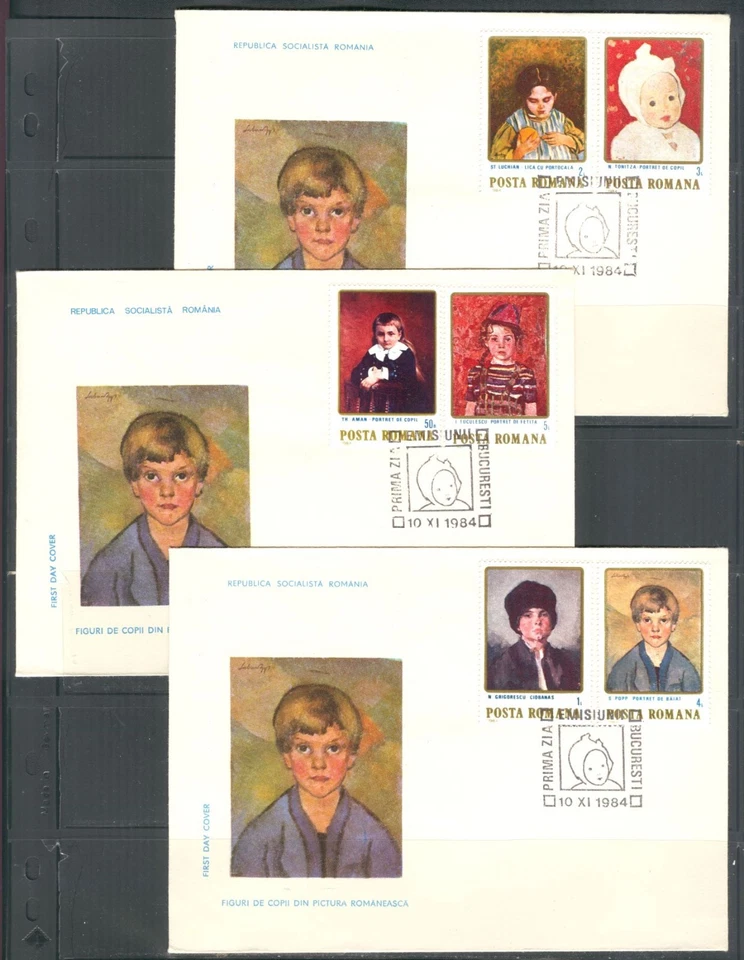 ROMANIA 1984, FAMOUS PAINTINGS, CHILDREN Scott 3222-3227 on 3 FDC's  - Image 1 of 1