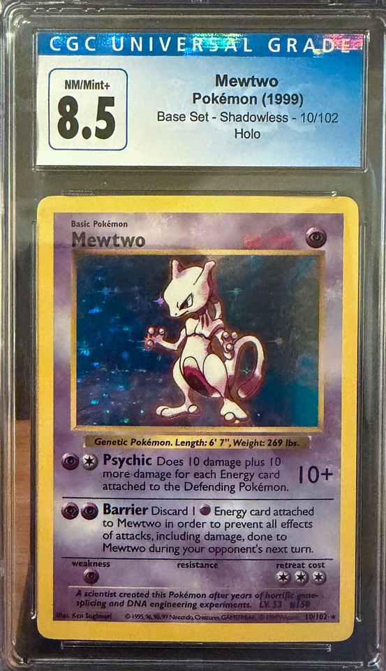 Mewtwo 010/102 Base Set Shadowless Holo WOTC Vintage Pokemon Blue Label CGC 8.5 - Image 1 of 2