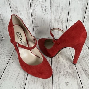 Zapatos de tacón Michael Kors GALLI rojo carmesí gamuza diseñador Mary Janes 9,5 NUEVO - Imagen 1 de 6