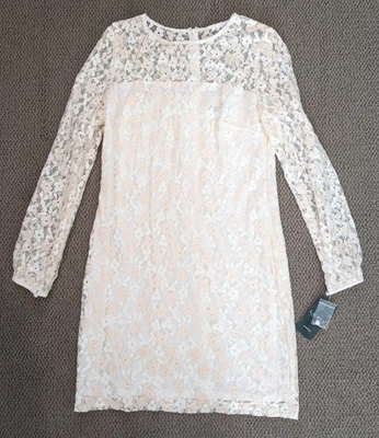 Vestido Lauren Ralph Lauren Branco Renda Flor Manga Transparente Marfim Rosa Tamanho 14 NOVO - Imagem 1 de 4