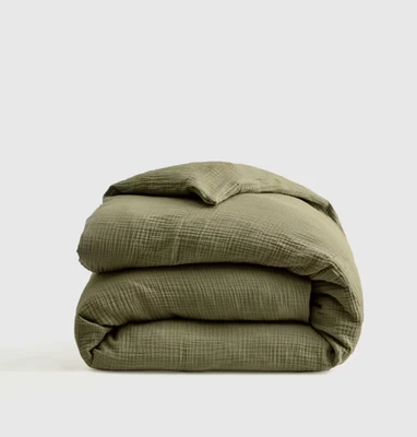 NUEVO CON ETIQUETAS FUNDA NÓRDICA QUINCE AIRY ORGÁNICA 100% ALGODÓN GASA SOLO COMPLETA REINA OLIVA $130 Foto 1 de 4