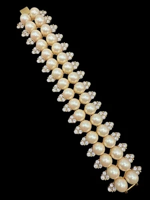 Monet Signed Bracelet Wide Rhinestone Faux Pearl 7” J7 - Image 1 of 4