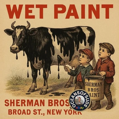 SHERMAN BROS. Póster publicitario estilo vintage americano vacas pintura húmeda 16 x 16 Foto 1 de 2