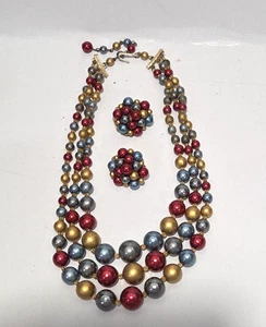 Vintage japanische bunte Perlen Halskette & Cluster Clip auf Ohrringe Set Japan - Bild 1 von 6