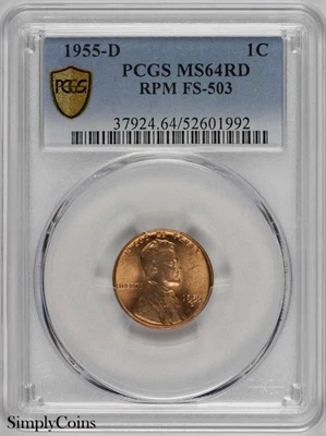 Centavo Lincoln Wheat 1955-D RPM FS-503 GRADUACIÓN PROFESIONAL MS64 RD rojo Foto 1 de 3