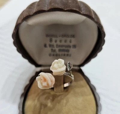 Anello Vintage In Argento 800 E Corallo Rosa Originale Sardo - Immagine 1 di 4