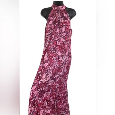 Vestido largo Cynthia Steffe rojo fucsia rosa combo seda como halter escalonado talla L Foto 1 de 4