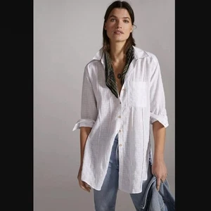 Anthropologie Textured Waffle Tunic Button Down Womens PXS White Linen Blend EUC - Picture 1 of 9