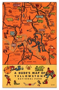 WYOMING - DUDE'S MAP OF YELLOWSTONE NATIONAL PARK - LINEN POSTCARD - Picture 1 of 2