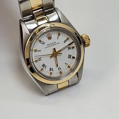 Rolex Oyster Perpetual Ladies 24 mm Two Tone White Roman Oyster Watch 6718 1978 - Image 1 of 4